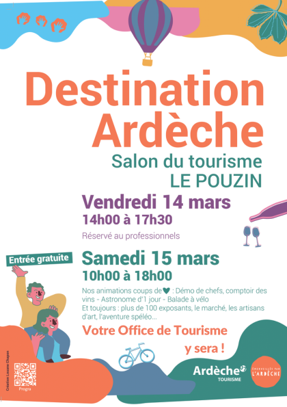 Votre Office de Tourisme Sources & Volcans sera présent au salon Destination Ardèche au Pouzin les 14 et 15 mars 2025 ! Pros comme vacanciers, venez nous voir à notre stand pour discuter du meilleur de l'Ardèche Pleine Nature