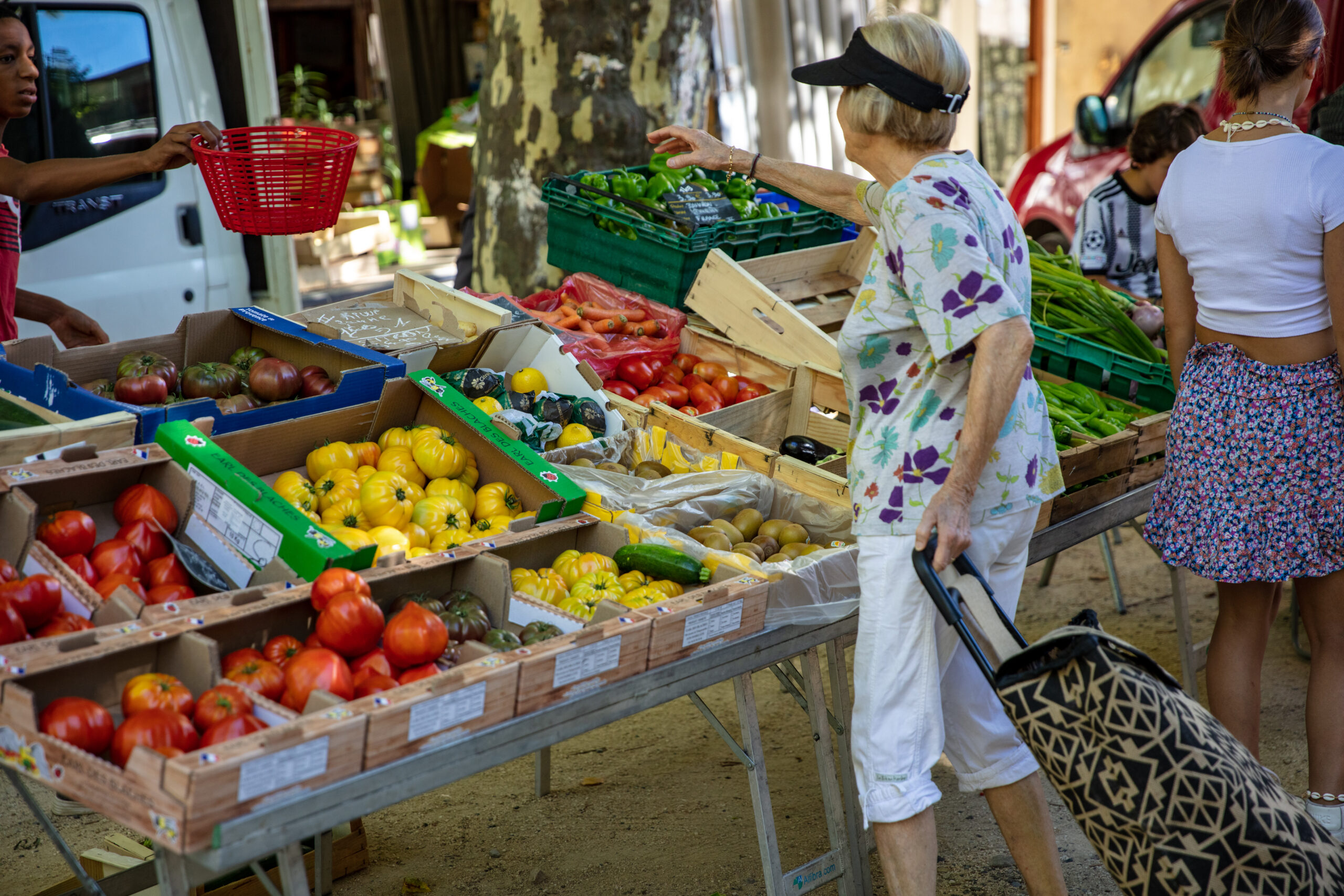 Marché du mardi matin dans le village de caractère de jaujac en Ardèche, vue sur un étal de légumes