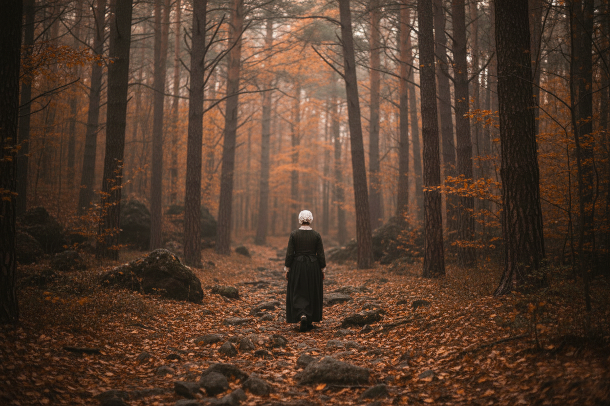 Illustration de la fameuse légende d'Ardèche, la Sorcière Catherine Peyretone dans la forêt de Montpezat-sous-Bauzon, sous les couleurs d'automne.