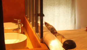 Chirols - La demeure des maitres - suite piment - lit et sdb ©a.demeure