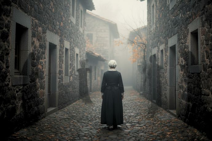 Montpezat-sous-Bauzon -sorciere-et-rumeurs-dans-village ©gemini Femme de dos dans une ruelle brumeuse en pierre de basalte de Montpezat-sous-Bauzon, évoquant la sorcière Catherine Peyretone et les rumeurs de 1519.