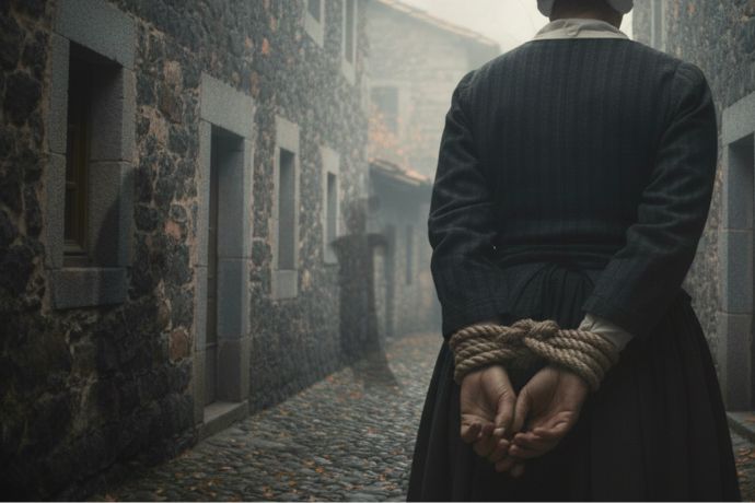 content-sorciere-condamnee-montpezat-sous-bauzon-gemini Catherine Peyretone, les mains liées, contrainte aux aveux dans une ruelle pavée de Montpezat.