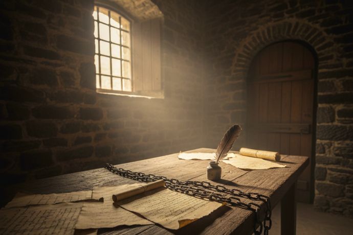 content-table-inquisition-gemini Chaînes et parchemins sur une table d'Inquisition, illustrant le procès de sorcellerie de 1519.