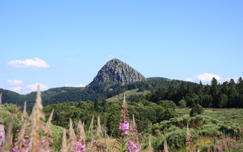 Vulkane und Flüsse der Monts d'Ardèche mit einem Esel