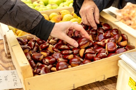 Châtaignes et pommes au marché des producteurs à Jaujac en Ardèche