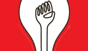 Logo ampoule blanche sur fond rouge de l'Atelier Regarde cet allumé