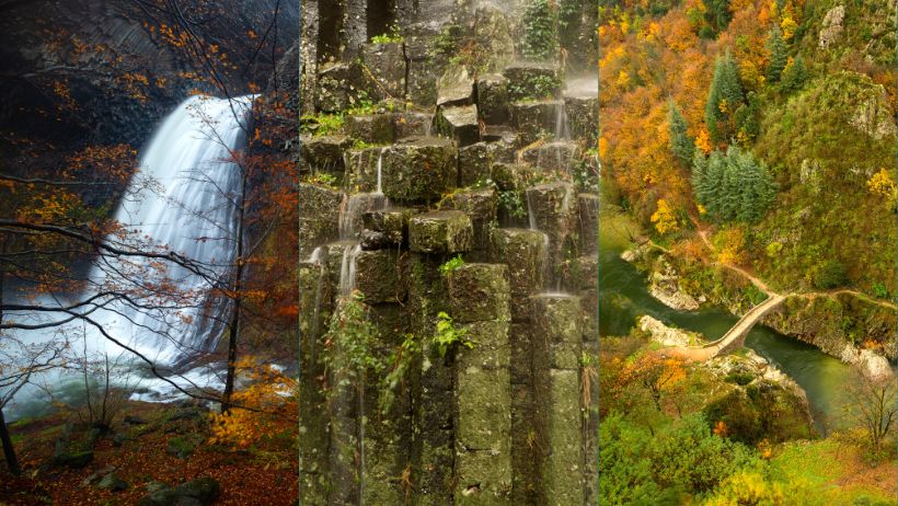 Trois lieux et sites naturels emblématiques en Ardèche à voir ou revoir, les orgues basaltiques et le pont de l'échelette à Fabras, le pont du diable à Thueyts, au pied de son village de caractère et la cascade du ray pic à péreyres